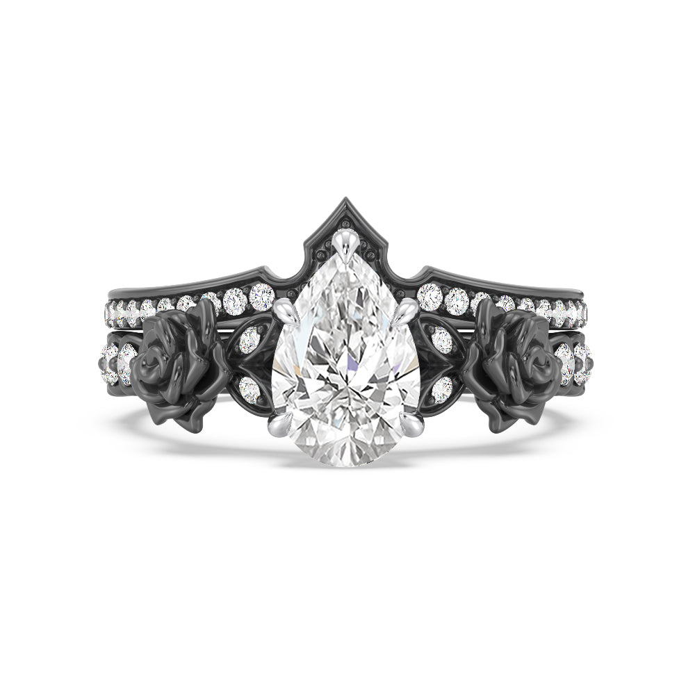 Enchanted Star Lab Grown Diamond 14K Gold Maleficent Rose Engagement Ring Set with Black/White Cut Diamond in 14KT Pear view 2
