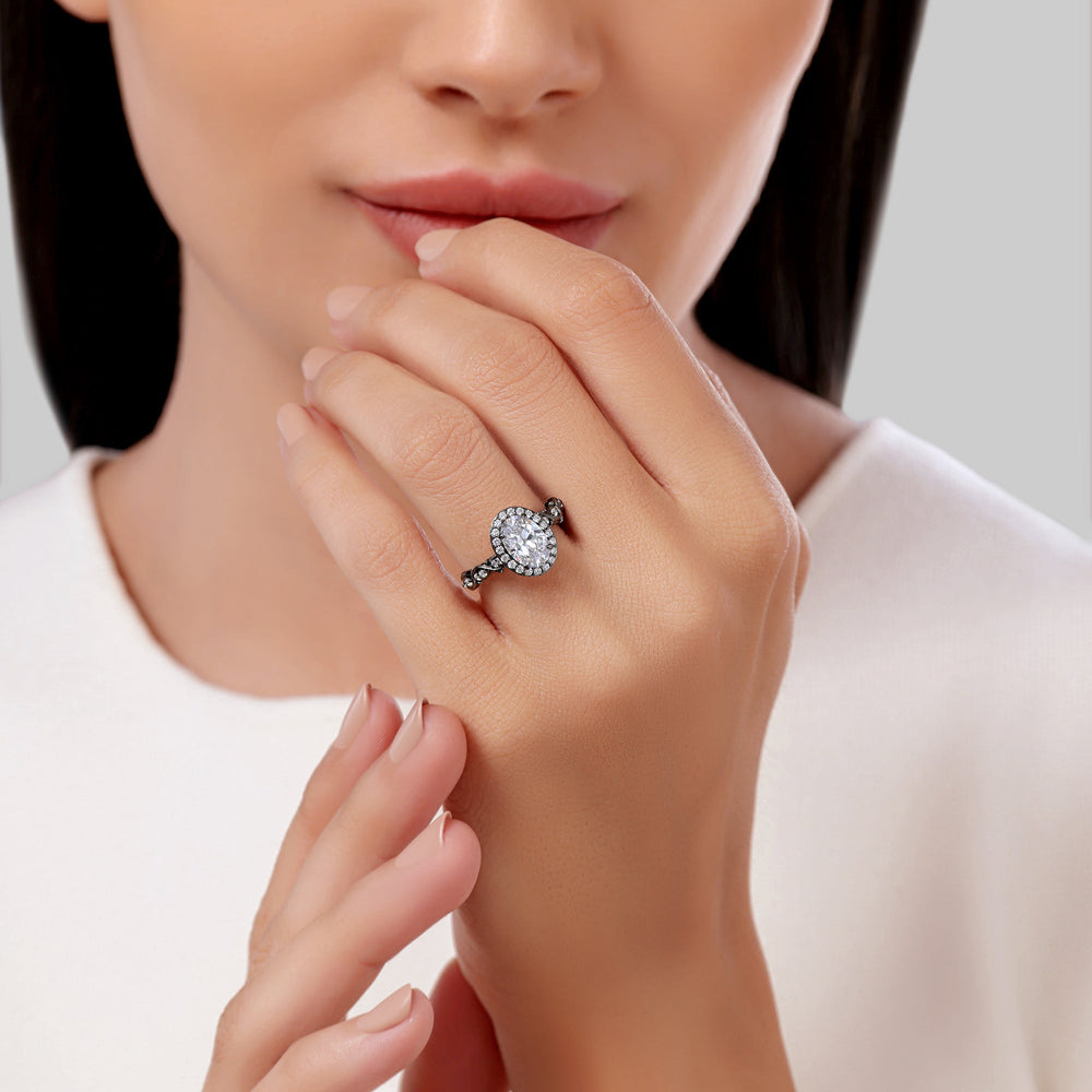 Model Wearing Enchanted Star Lab Grown Diamond 14K Gold Maleficent Halo Engagement Ring view