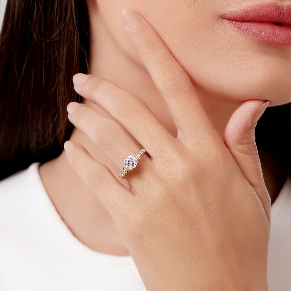 Model Wearing Enchanted Star Lab Grown Diamond 14K Gold Cinderella Carriage Engagement Ring view