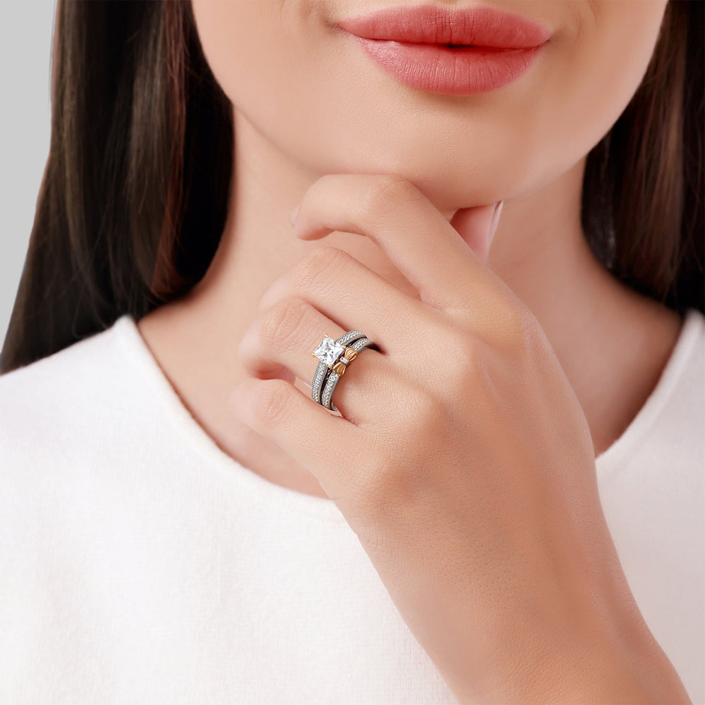 Model Wearing Enchanted Star Lab Grown Diamond 14K Gold  Snow White Bow Engagement Ring Set view