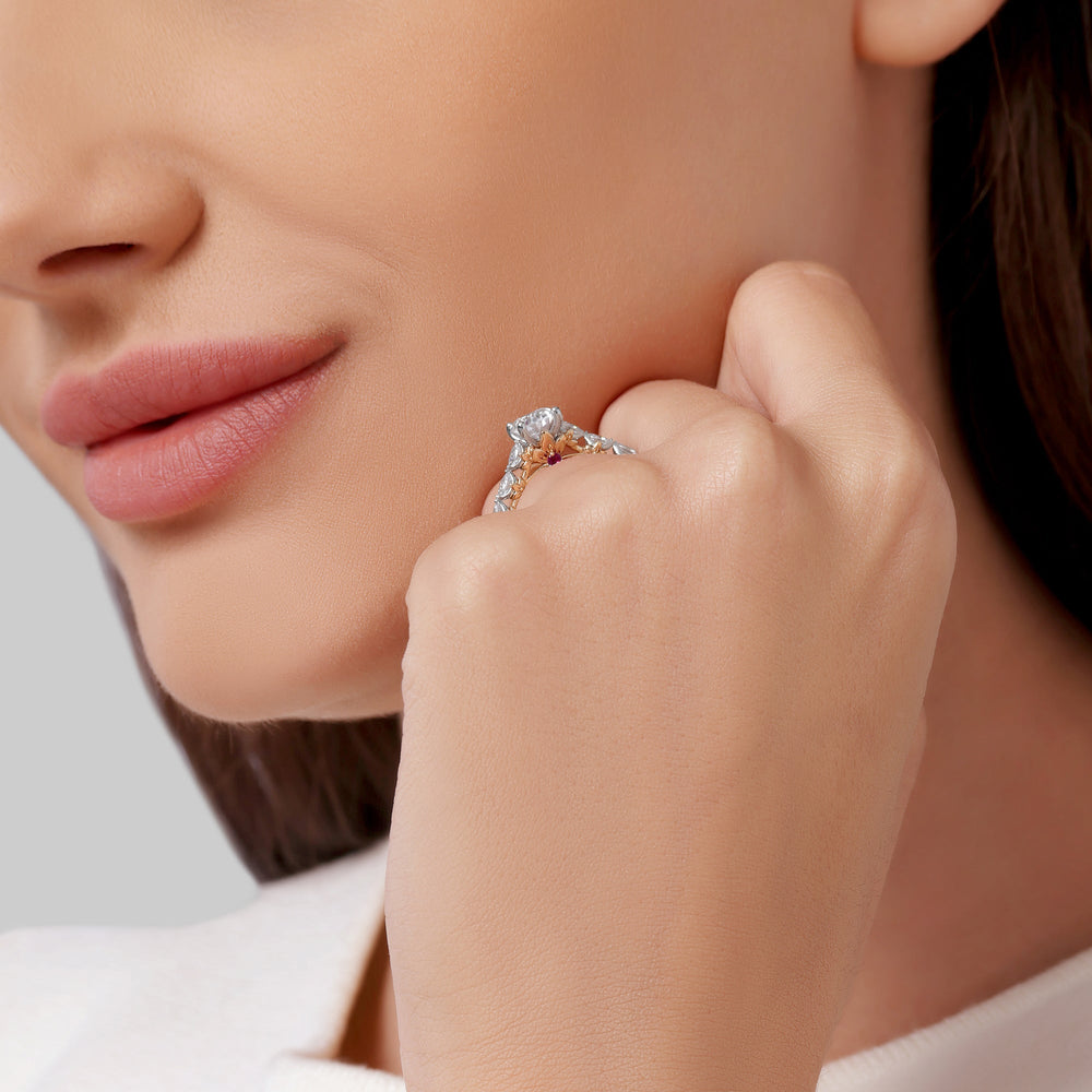 Model Wearing Enchanted Star Lab Grown Diamond 14K Gold Rapunzel Magic Flower Engagement Ring view