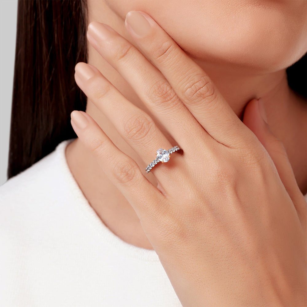 Model Wearing Enchanted Star Lab Grown Diamond 14K Gold Jasmine Arabesque Engagement Ring view