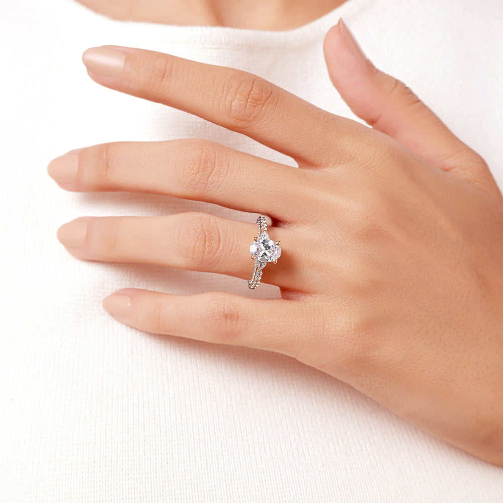 Model Wearing Enchanted Star Lab Grown Diamond 14K Gold Jasmine Three Stone Engagement Ring view
