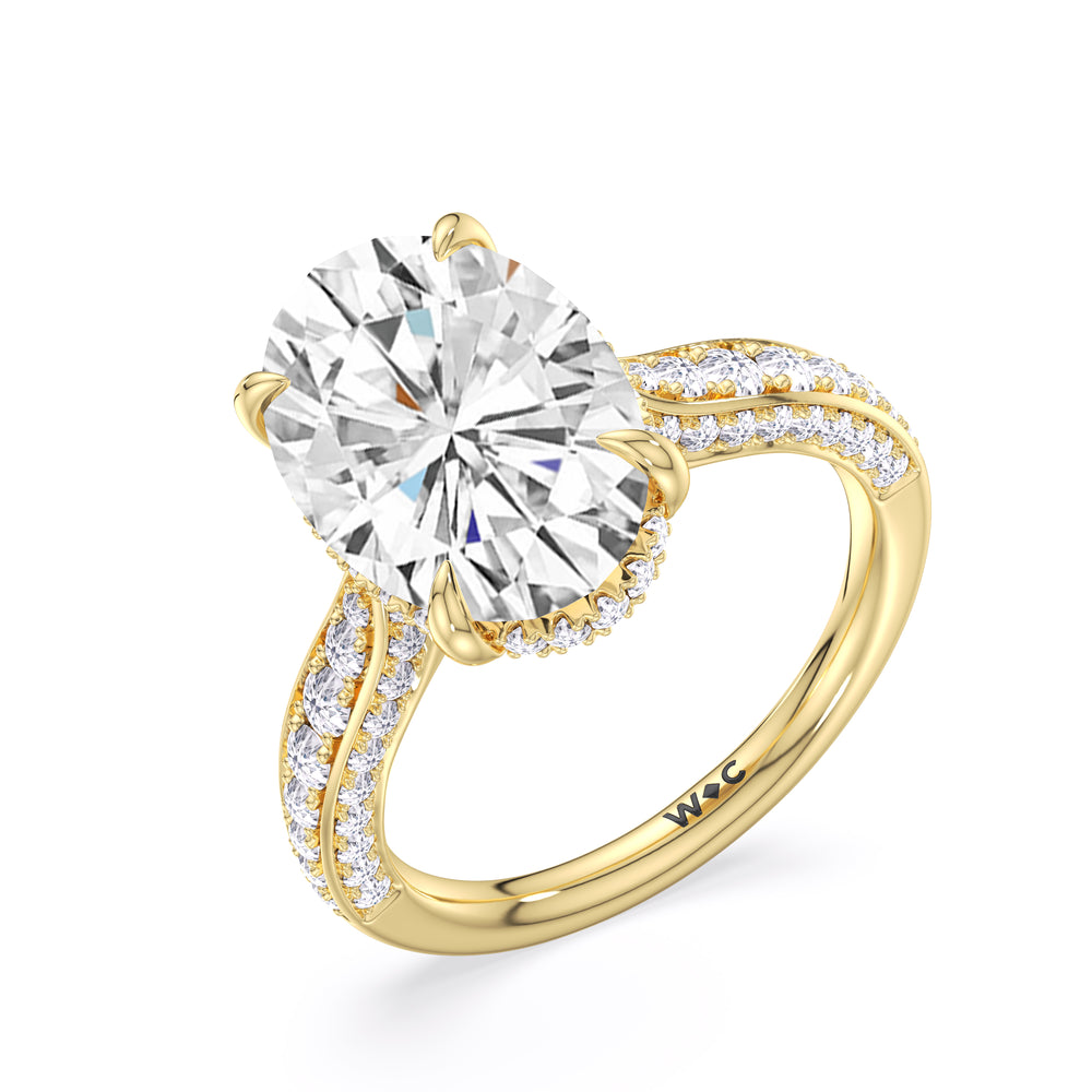 Elegance Hidden Halo Cross Bridge Basket Engagement Ring with Oval Cut Diamond in 14KT Yellow Gold view 6
