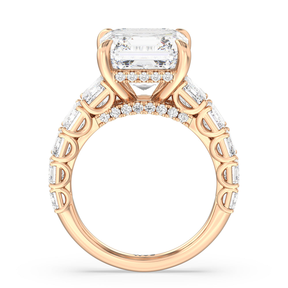 Elegance Emerald Accent Hidden Halo Engagement Ring with Radiant Cut Diamond in 14KT Rose Gold view 4
