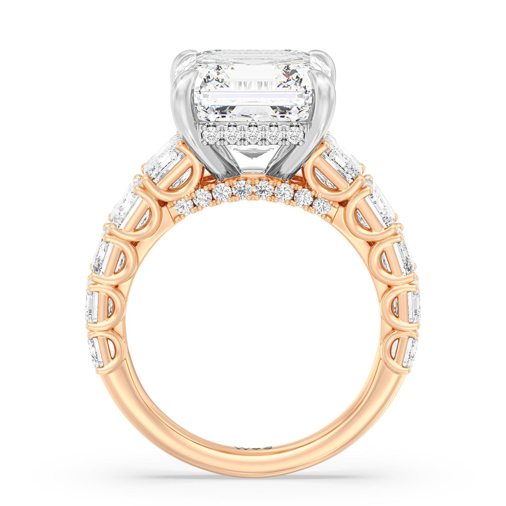 Elegance Emerald Accent Hidden Halo Engagement Ring with Asscher Cut Diamond in 14KT White & Rose Gold view 4
