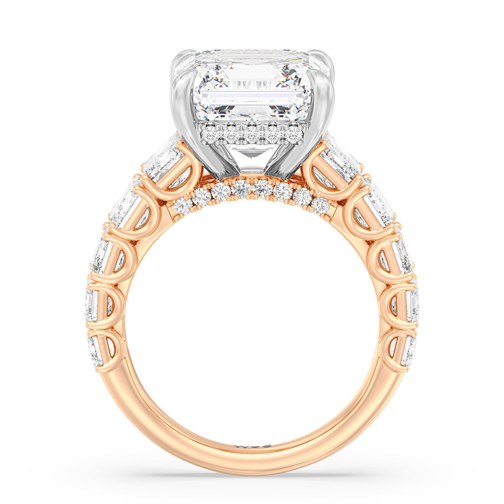 Elegance Emerald Accent Hidden Halo Engagement Ring with Asscher Cut Diamond in 14KT White & Rose Gold view 2
