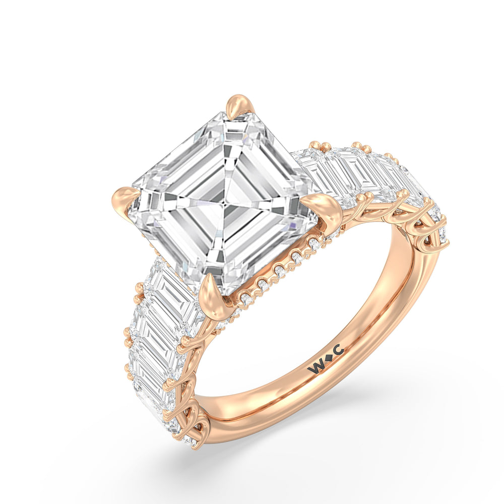 Elegance Emerald Accent Hidden Halo Engagement Ring with Asscher Cut Diamond in 14KT Rose Gold view 3
