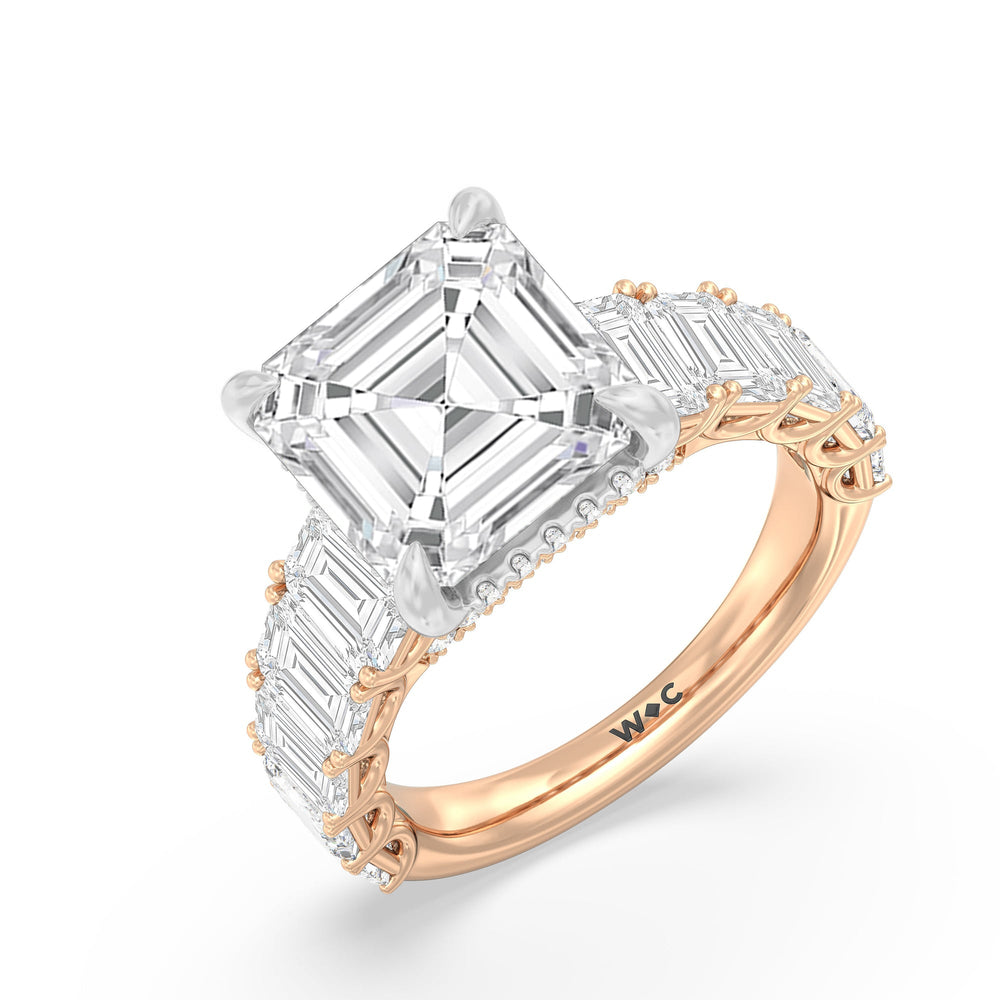 Elegance Emerald Accent Hidden Halo Engagement Ring with Asscher Cut Diamond in 14KT White & Rose Gold view 3

