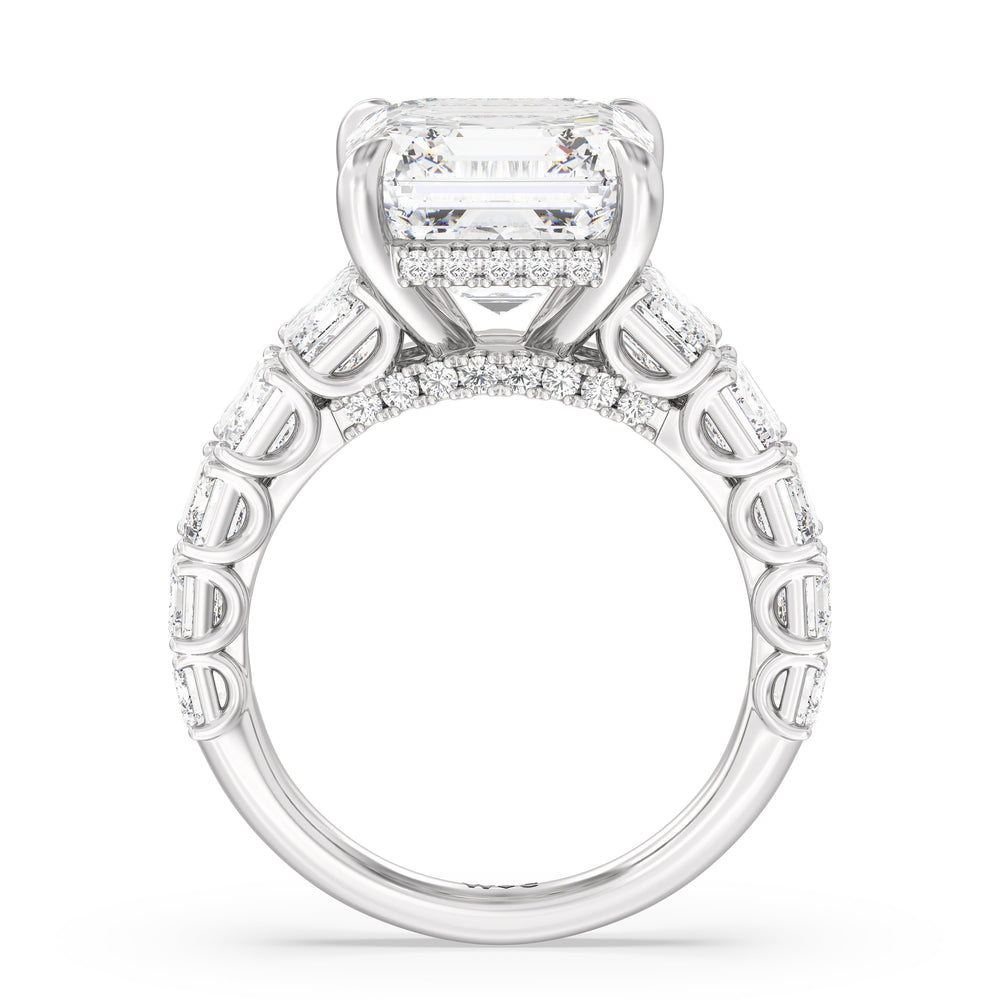 Elegance Emerald Accent Hidden Halo Engagement Ring with Asscher Cut Diamond in 14KT Platinum view 2
