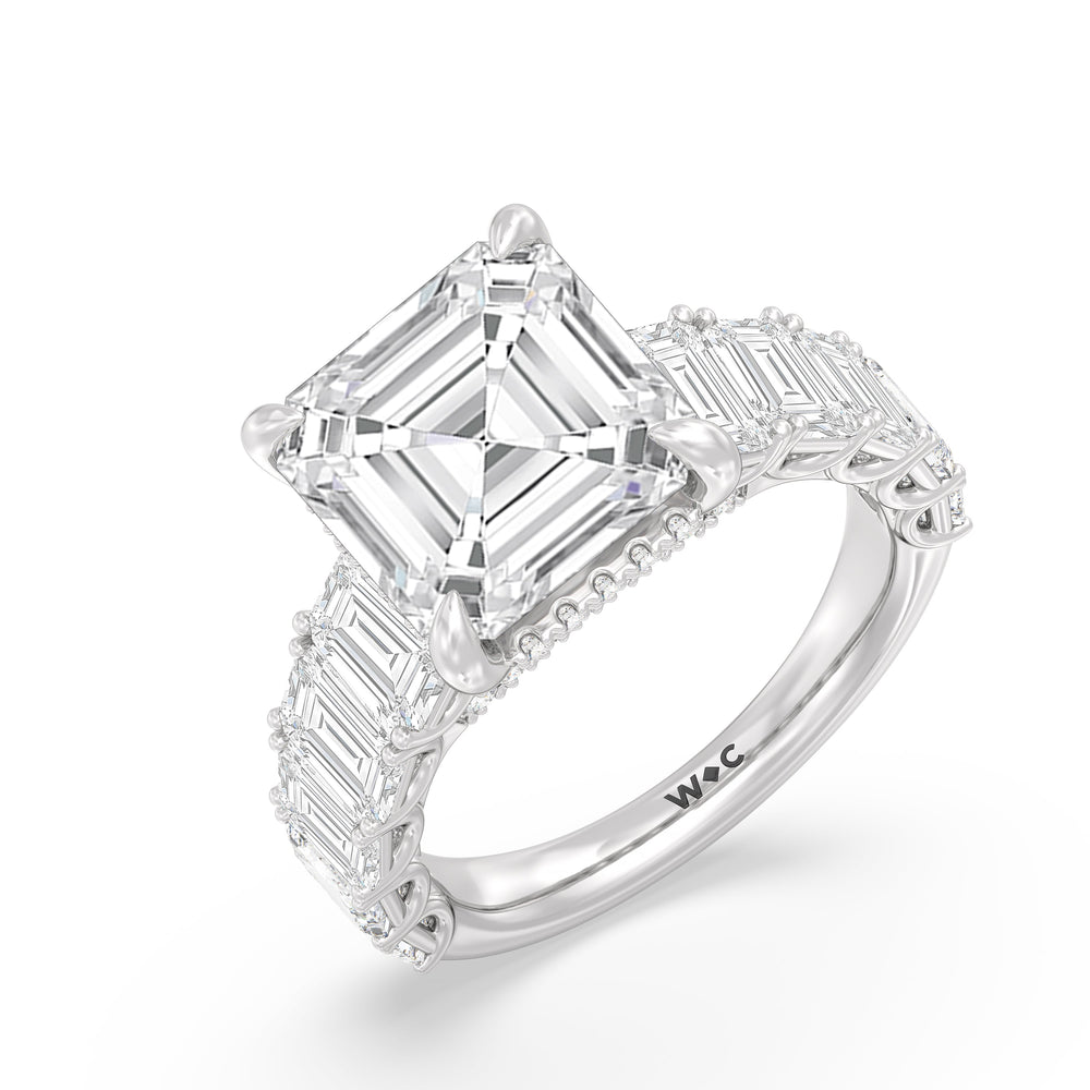 Elegance Emerald Accent Hidden Halo Engagement Ring with Asscher Cut Diamond in 14KT Platinum view 5
