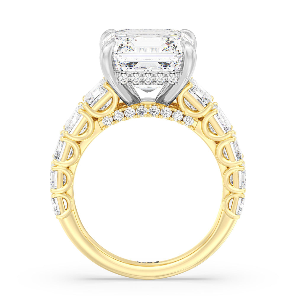 Elegance Emerald Accent Hidden Halo Engagement Ring with Asscher Cut Diamond in 14KT White & Yellow Gold view 2
