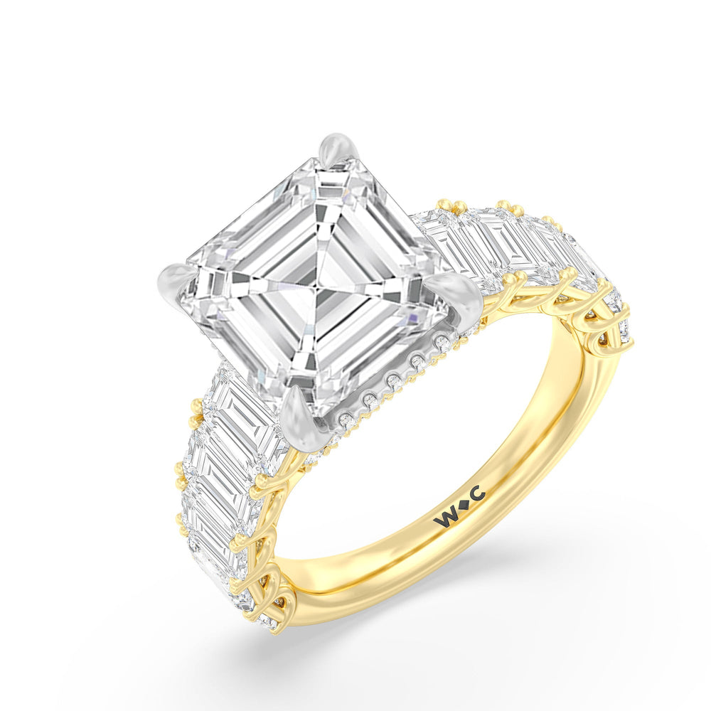Elegance Emerald Accent Hidden Halo Engagement Ring with Asscher Cut Diamond in 14KT White & Yellow Gold view 3
