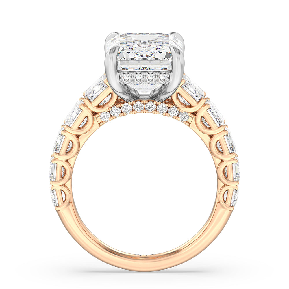 Elegance Emerald Accent Hidden Halo Engagement Ring with Radiant Cut Diamond in 14KT White & Rose Gold view 2
