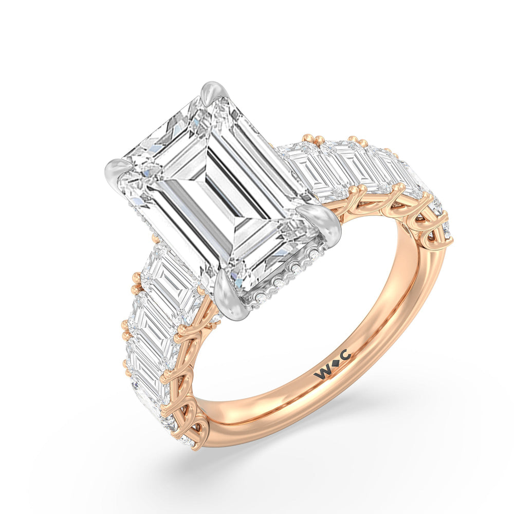 Elegance Emerald Accent Hidden Halo Engagement Ring with Emerald Cut Diamond in 14KT White & Rose Gold view 3
