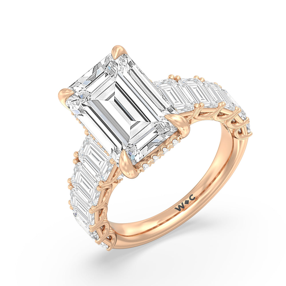Elegance Emerald Accent Hidden Halo Engagement Ring with Emerald Cut Diamond in 14KT Rose Gold view 5
