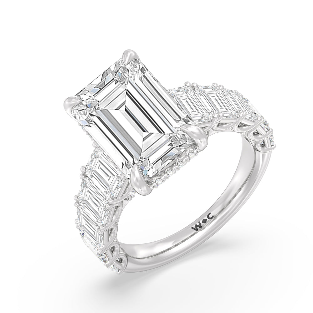 Elegance Emerald Accent Hidden Halo Engagement Ring with Emerald Cut Diamond in 14KT Platinum view 5
