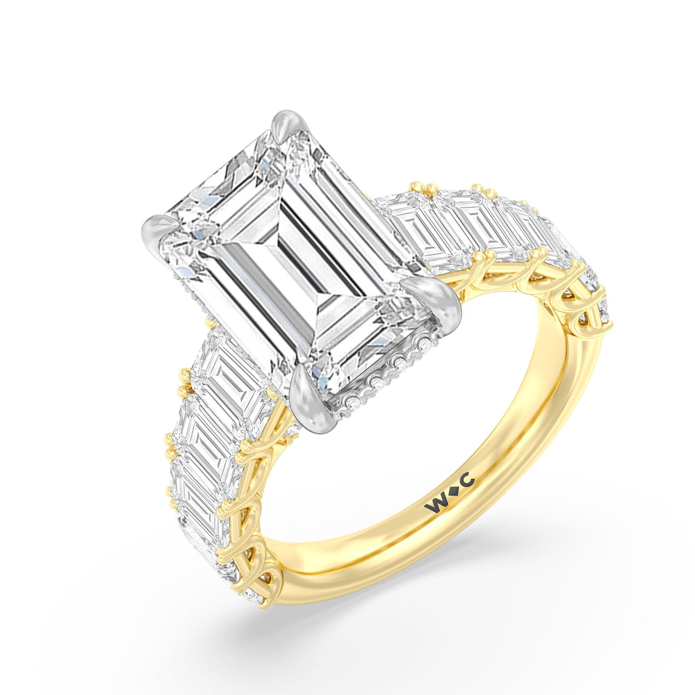 Elegance Emerald Accent Hidden Halo Engagement Ring with Emerald Cut Diamond in 14KT White & Yellow Gold view 3
