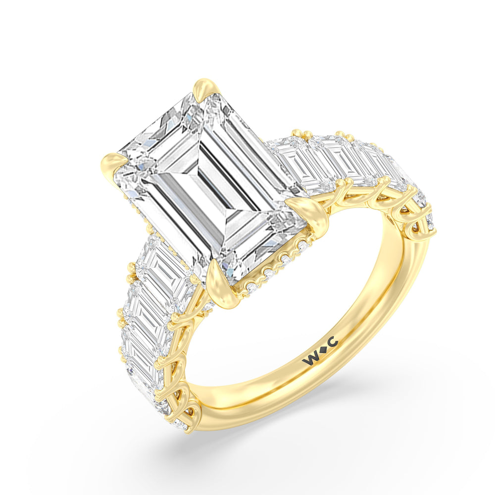 Elegance Emerald Accent Hidden Halo Engagement Ring with Emerald Cut Diamond in 14KT Yellow Gold view 5
