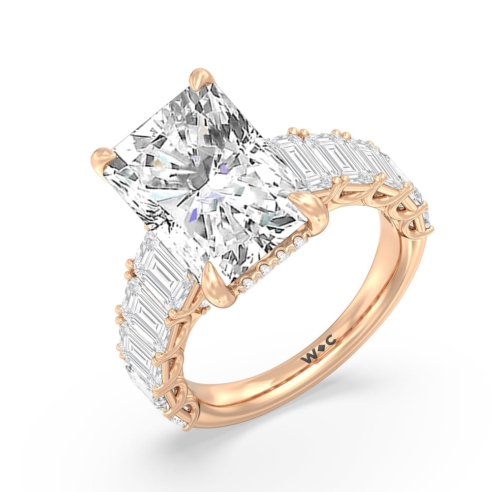 Elegance Emerald Accent Hidden Halo Engagement Ring with Radiant Cut Diamond in 14KT Rose Gold view 5
