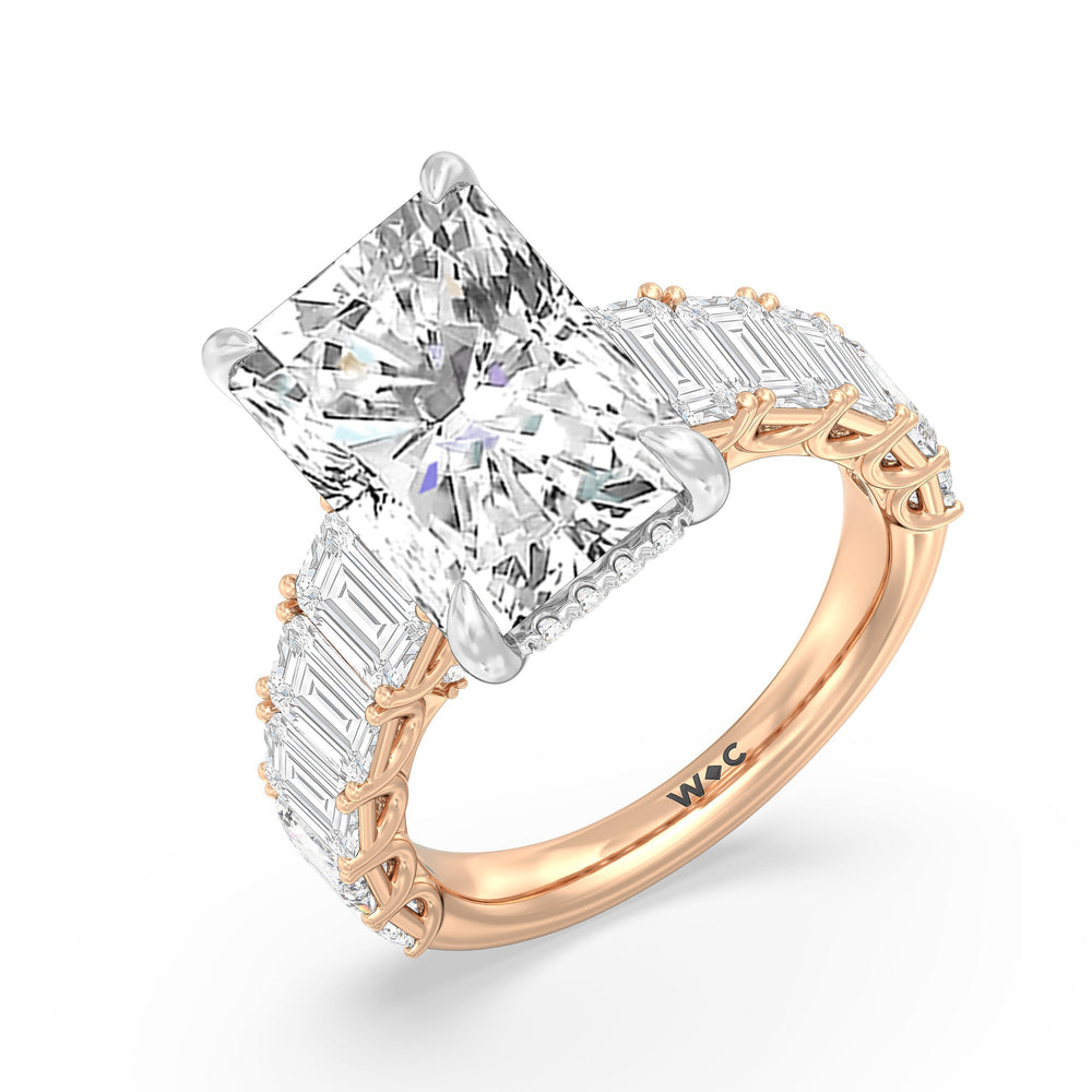 Elegance Emerald Accent Hidden Halo Engagement Ring with Radiant Cut Diamond in 14KT White & Rose Gold view 3
