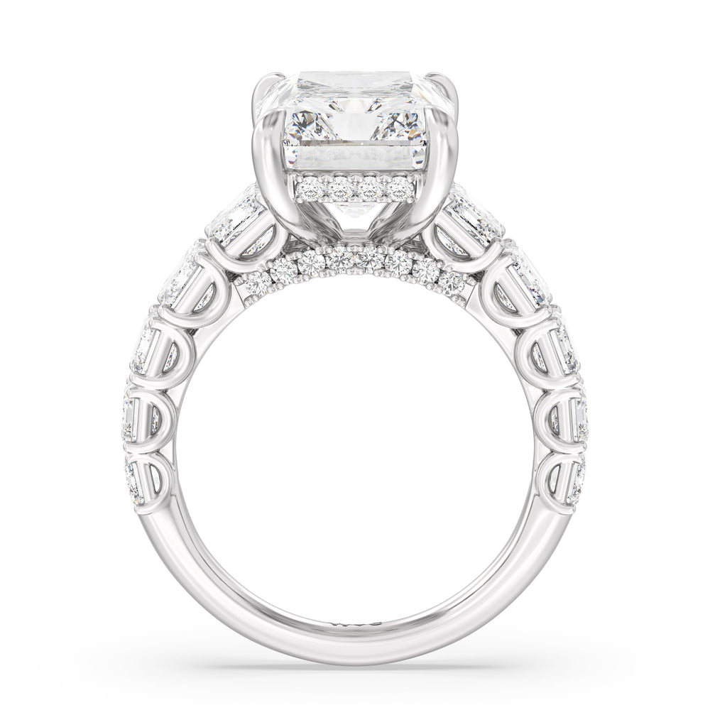 Elegance Emerald Accent Hidden Halo Engagement Ring with Radiant Cut Diamond in 14KT Platinum view 2
