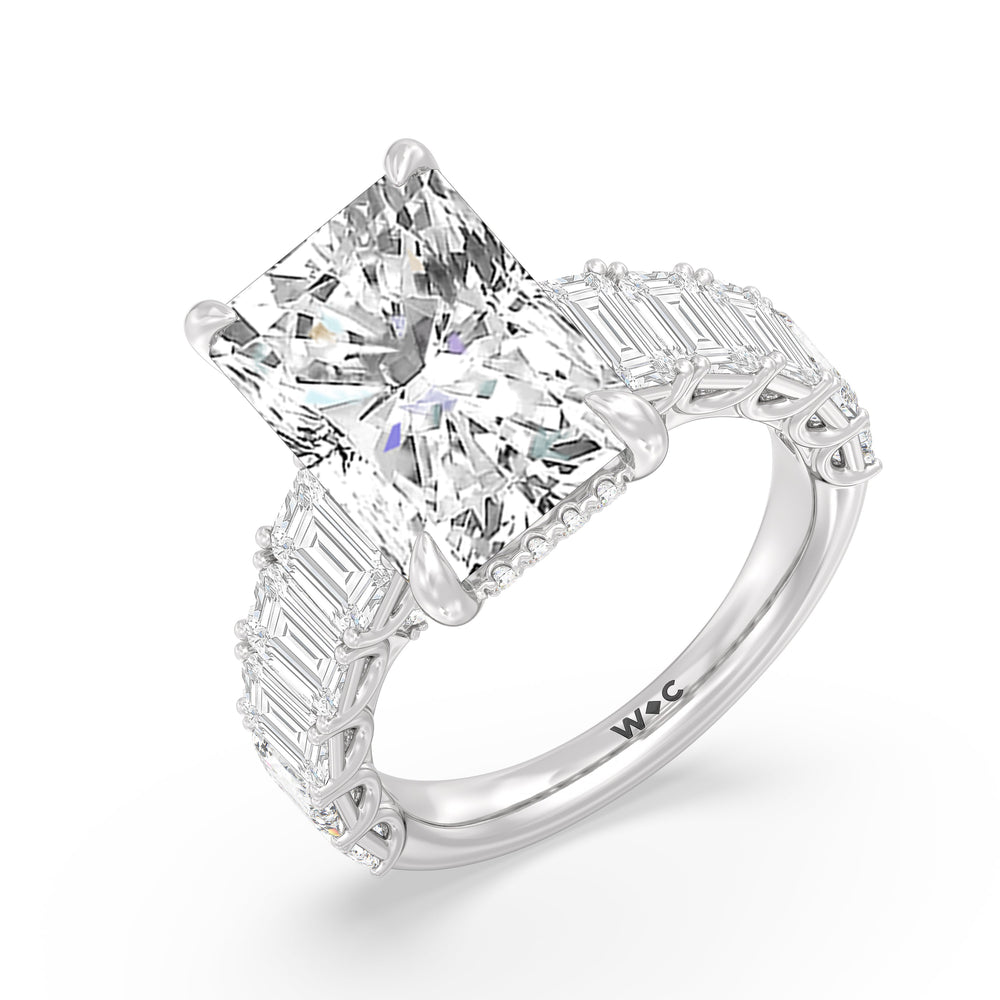 Elegance Emerald Accent Hidden Halo Engagement Ring with Radiant Cut Diamond in 14KT Platinum view 5

