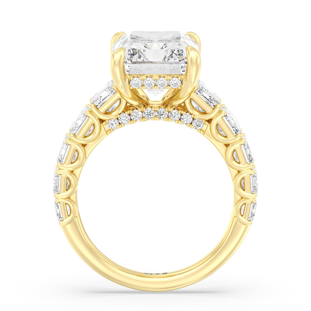 Elegance Emerald Accent Hidden Halo Engagement Ring with Radiant Cut Diamond in 14KT Yellow Gold view 2
