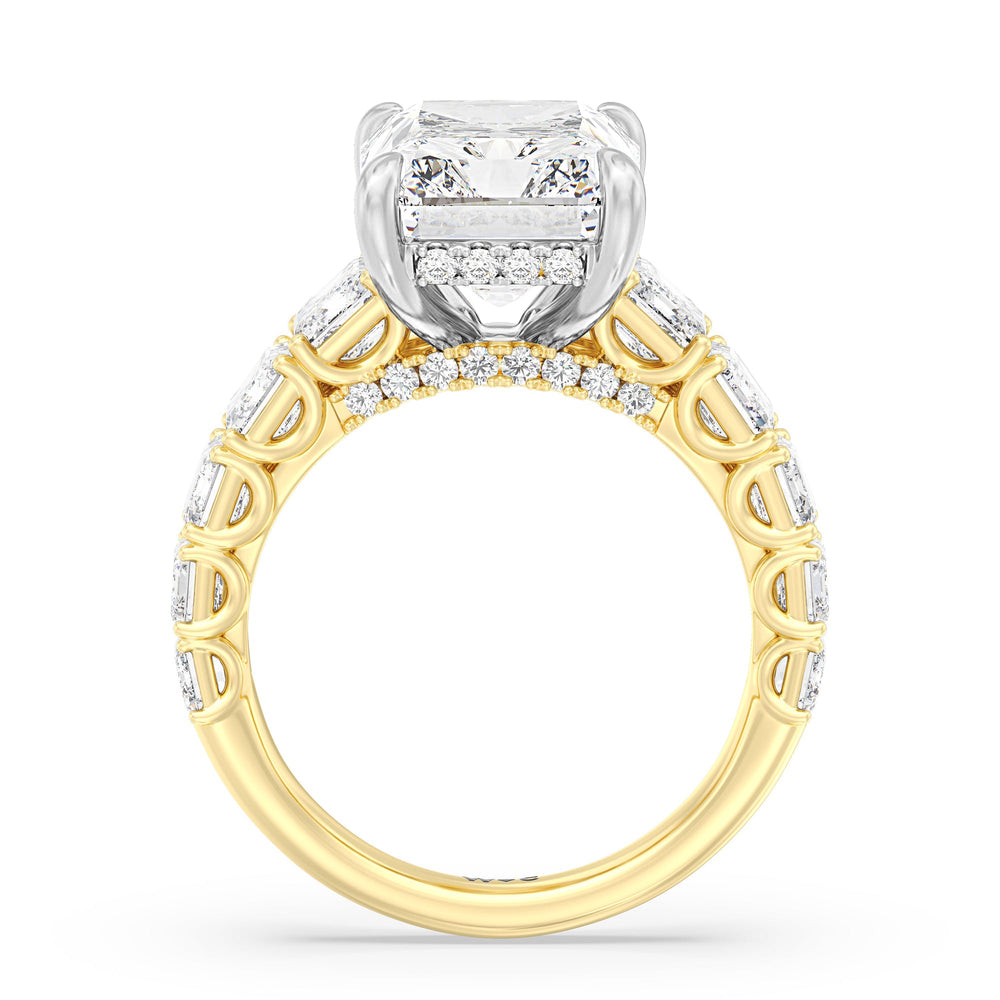 Elegance Emerald Accent Hidden Halo Engagement Ring with Radiant Cut Diamond in 14KT White & Yellow Gold view 2
