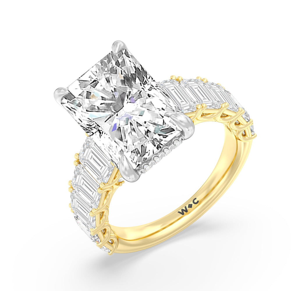 Elegance Emerald Accent Hidden Halo Engagement Ring with Radiant Cut Diamond in 14KT White & Yellow Gold view 3
