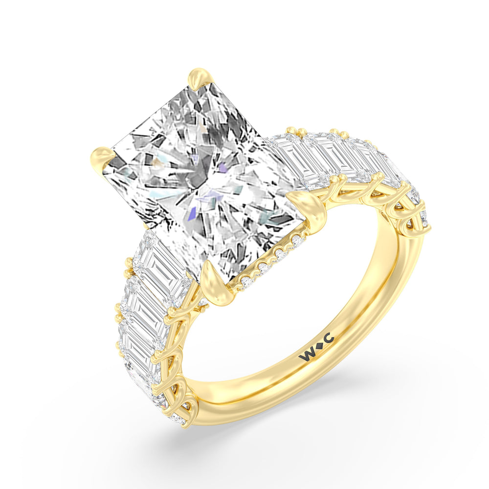 Elegance Emerald Accent Hidden Halo Engagement Ring with Radiant Cut Diamond in 14KT Yellow Gold view 5
