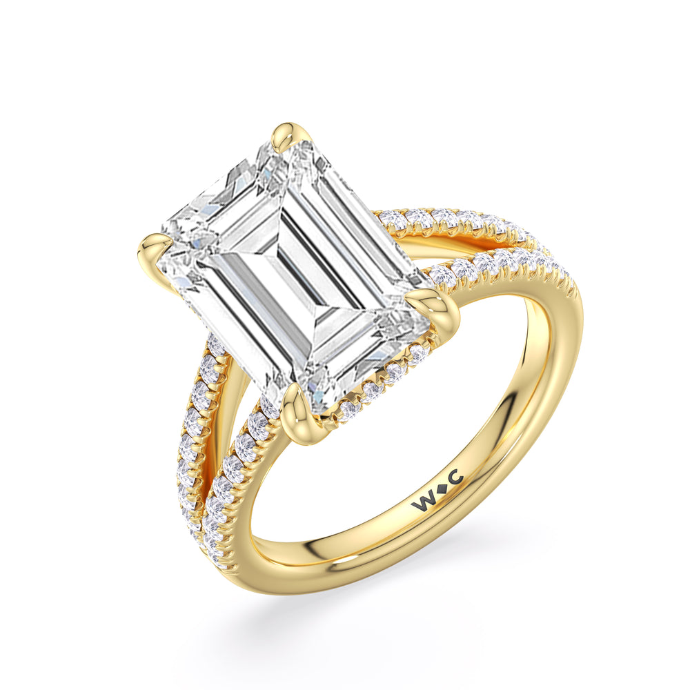 Elegance Split Shank Pave Engagement Ring with Emerald Cut Diamond in 14KT Yellow Gold view 5
