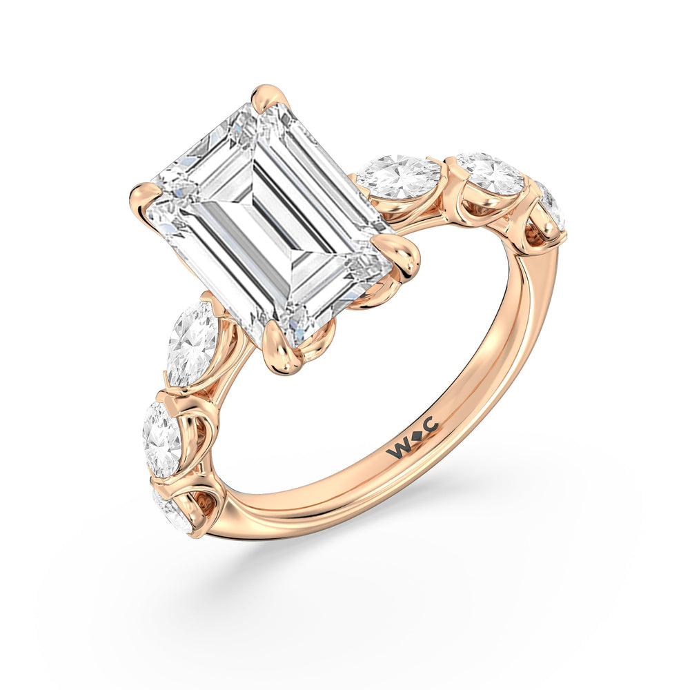 Elegance Marquise Accent Studded Engagement Ring with Emerald Cut Diamond in 14KT Rose Gold view 5
