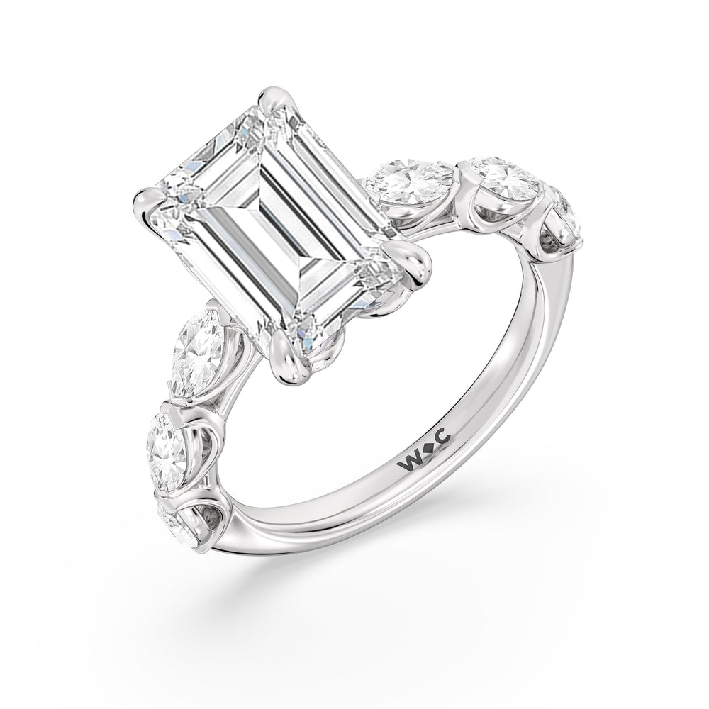 Elegance Marquise Accent Studded Engagement Ring with Emerald Cut Diamond in 14KT Platinum view 5
