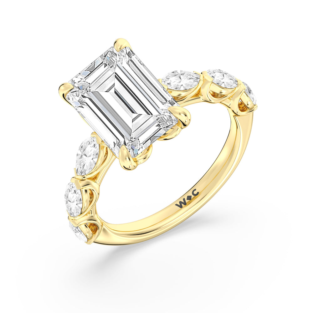 Elegance Marquise Accent Studded Engagement Ring with Emerald Cut Diamond in 14KT Yellow Gold view 5
