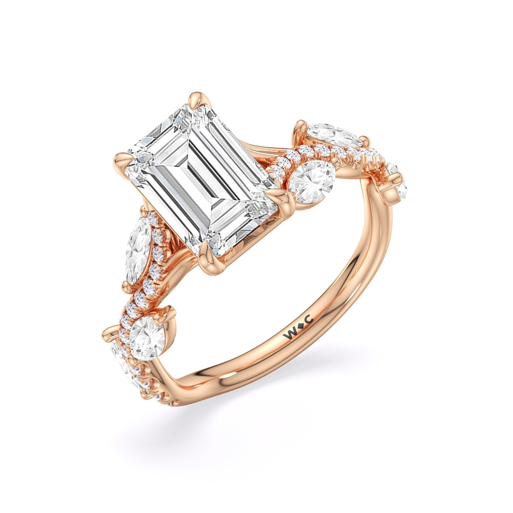 Rustic Vine Split Shank Engagement Ring with Emerald Cut Diamond in 14KT Rose Gold view 5
