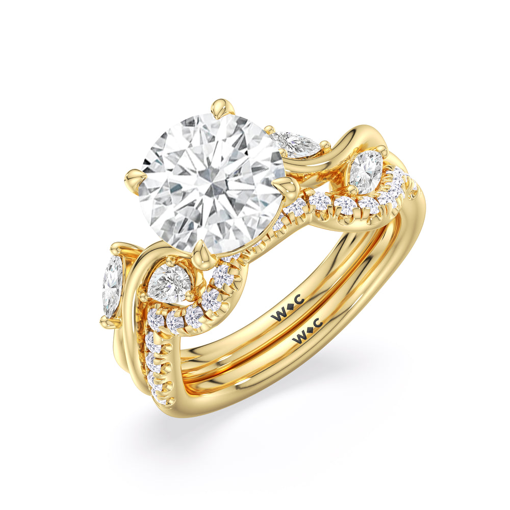 Vintage Vine Diamond Wedding Band with 18KT Yellow Gold Cut Diamond in 14KT Yellow Gold view 3

