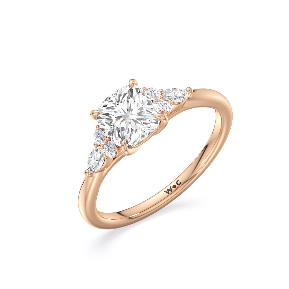 Fine Trio Cluster Engagement Ring with Cushion Cut Diamond in 14KT Rose Gold view 4
