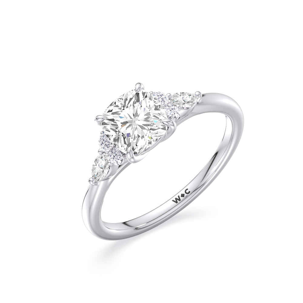 Fine Trio Cluster Engagement Ring with Cushion Cut Diamond in 14KT Platinum view 3
