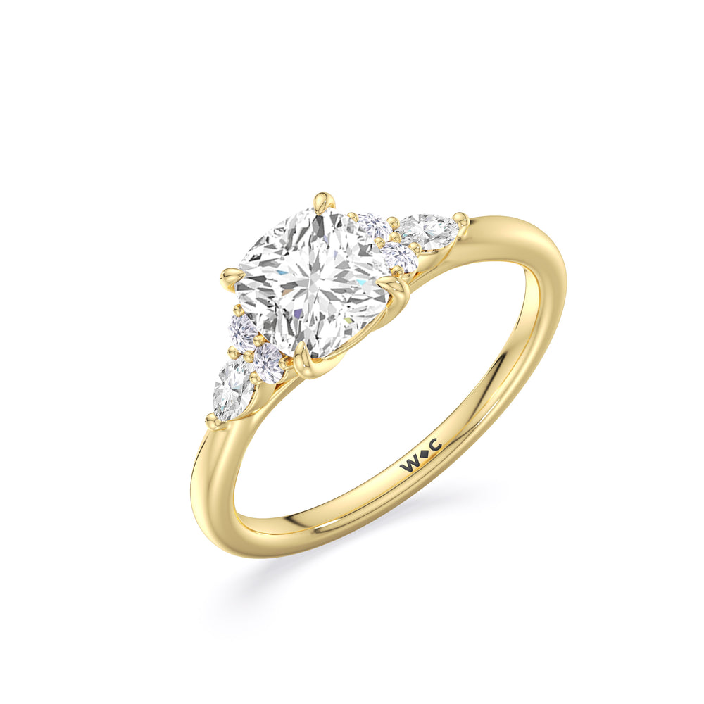 Fine Trio Cluster Engagement Ring with Cushion Cut Diamond in 14KT Yellow Gold view 4
