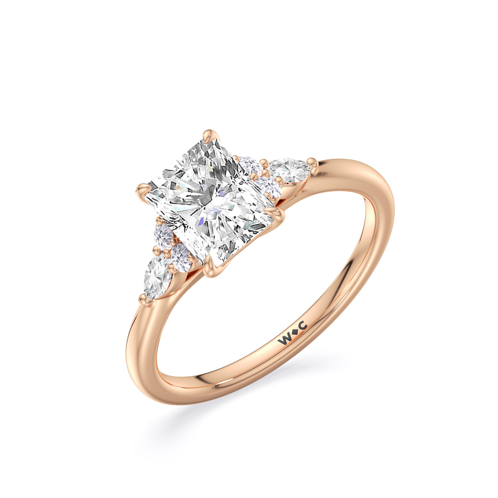Fine Trio Cluster Engagement Ring with Radiant Cut Diamond in 14KT Rose Gold view 4
