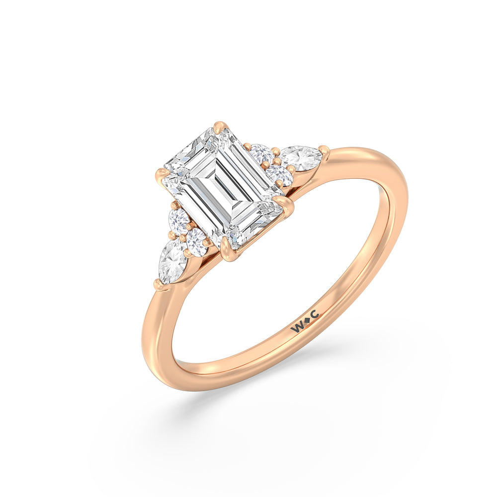 Fine Trio Cluster Engagement Ring with Emerald Cut Diamond in 14KT Rose Gold view 4
