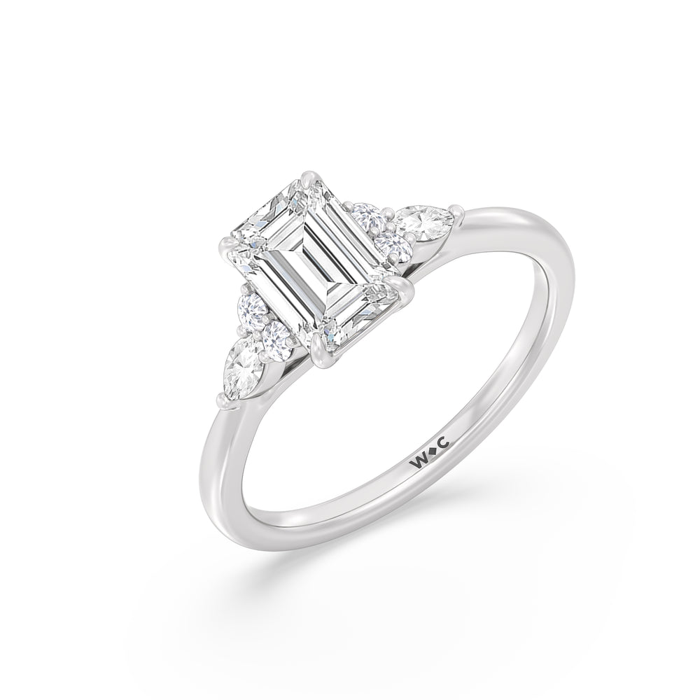 Fine Trio Cluster Engagement Ring with Emerald Cut Diamond in 14KT Platinum view 4
