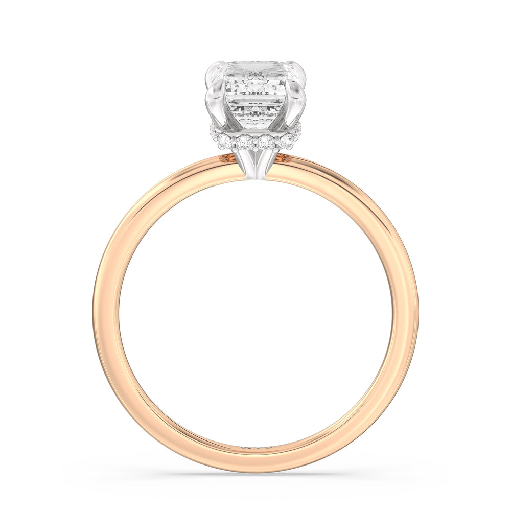 Petite Modern Fine Line Hidden Halo Engagement Ring with Emerald Cut Diamond in 14KT White & Rose Gold view 2
