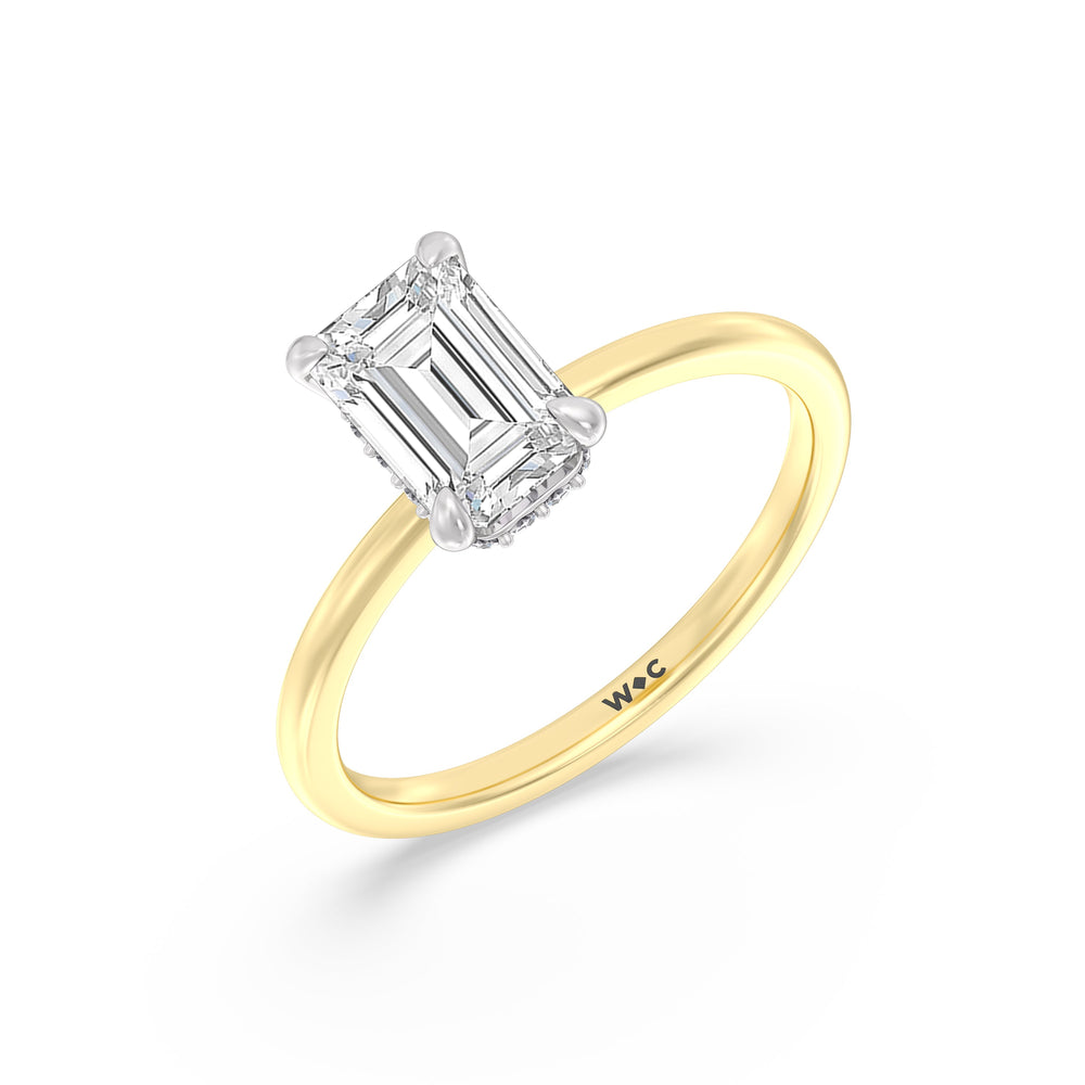 Petite Modern Fine Line Hidden Halo Engagement Ring with Emerald Cut Diamond in 14KT White & Yellow Gold view 3
