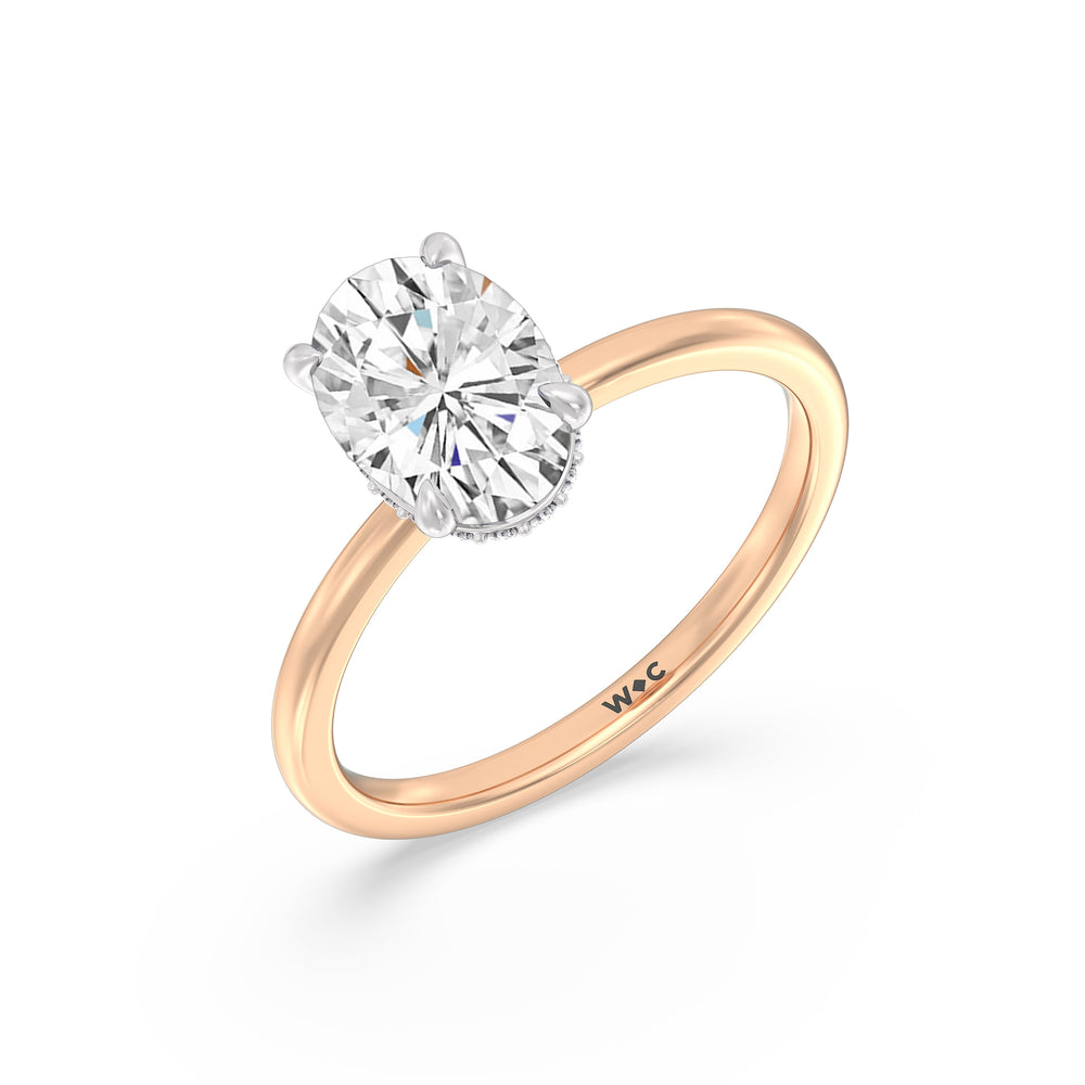 Petite Modern Fine Line Hidden Halo Engagement Ring with Oval Cut Diamond in 14KT White & Rose Gold view 3
