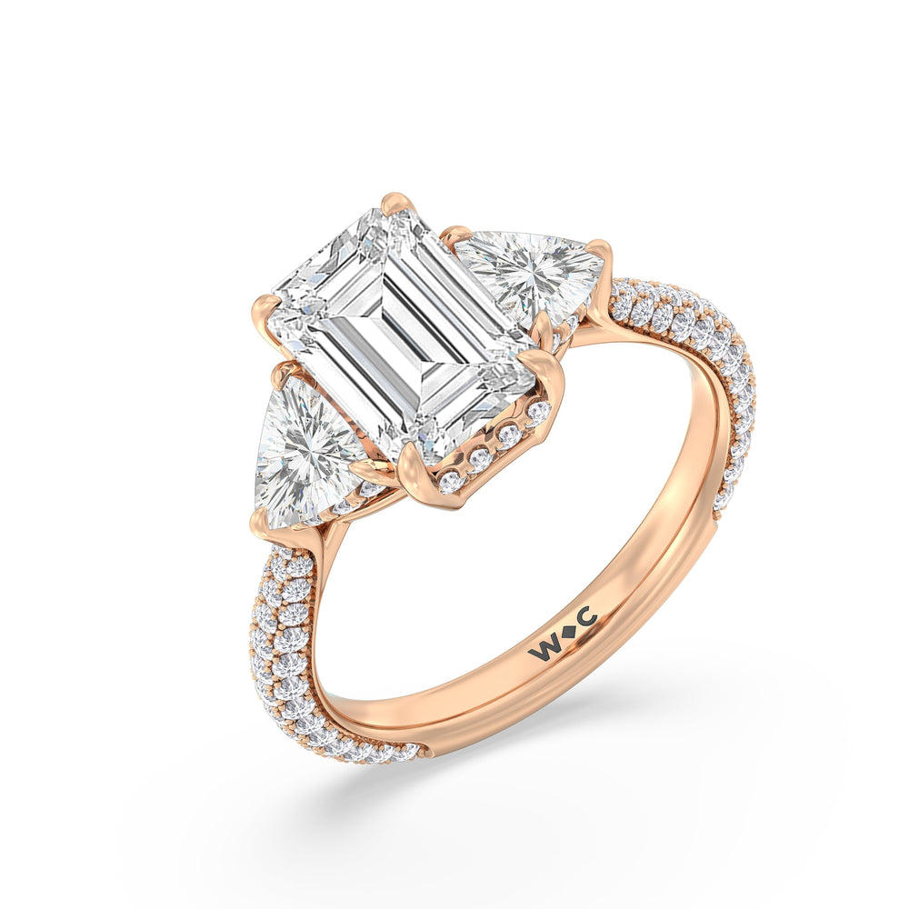 The Windsor Trillion Three Stone Ring with Emerald Cut Diamond in 14KT Rose Gold view 6
