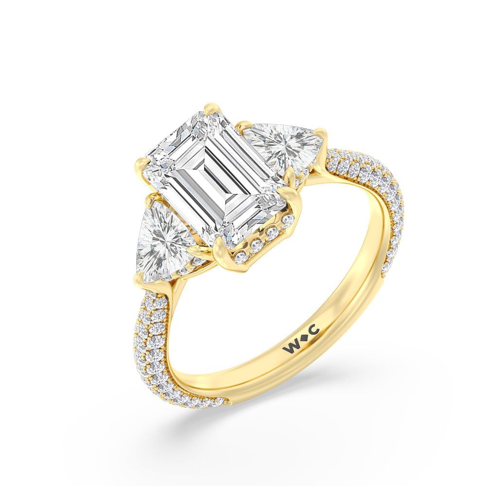 The Windsor Trillion Three Stone Ring with Emerald Cut Diamond in 14KT Yellow Gold view 6
