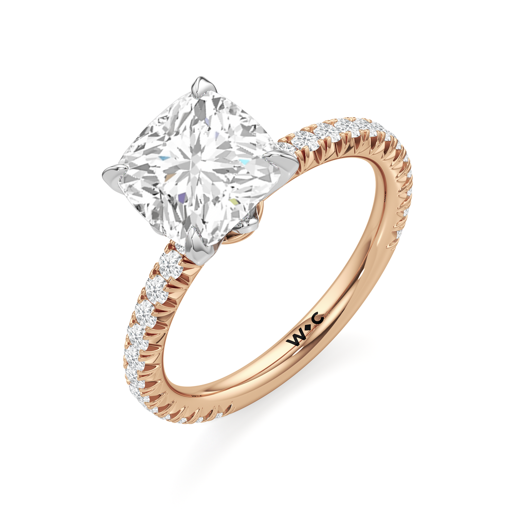The W Pavé Engagement Ring with Cushion Cut Diamond in 14KT Rose Gold & Platinum view 3
