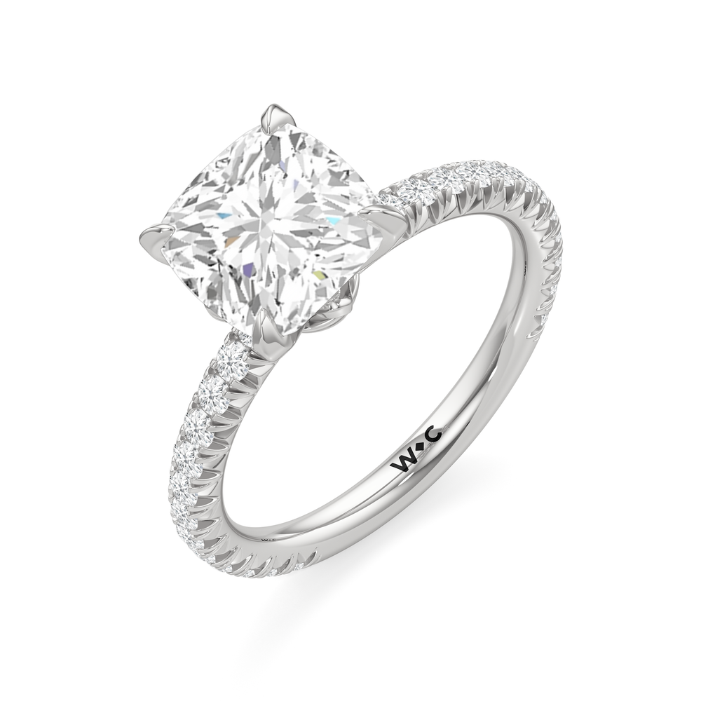The W Pavé Engagement Ring with Cushion Cut Diamond in 14KT Platinum view 3
